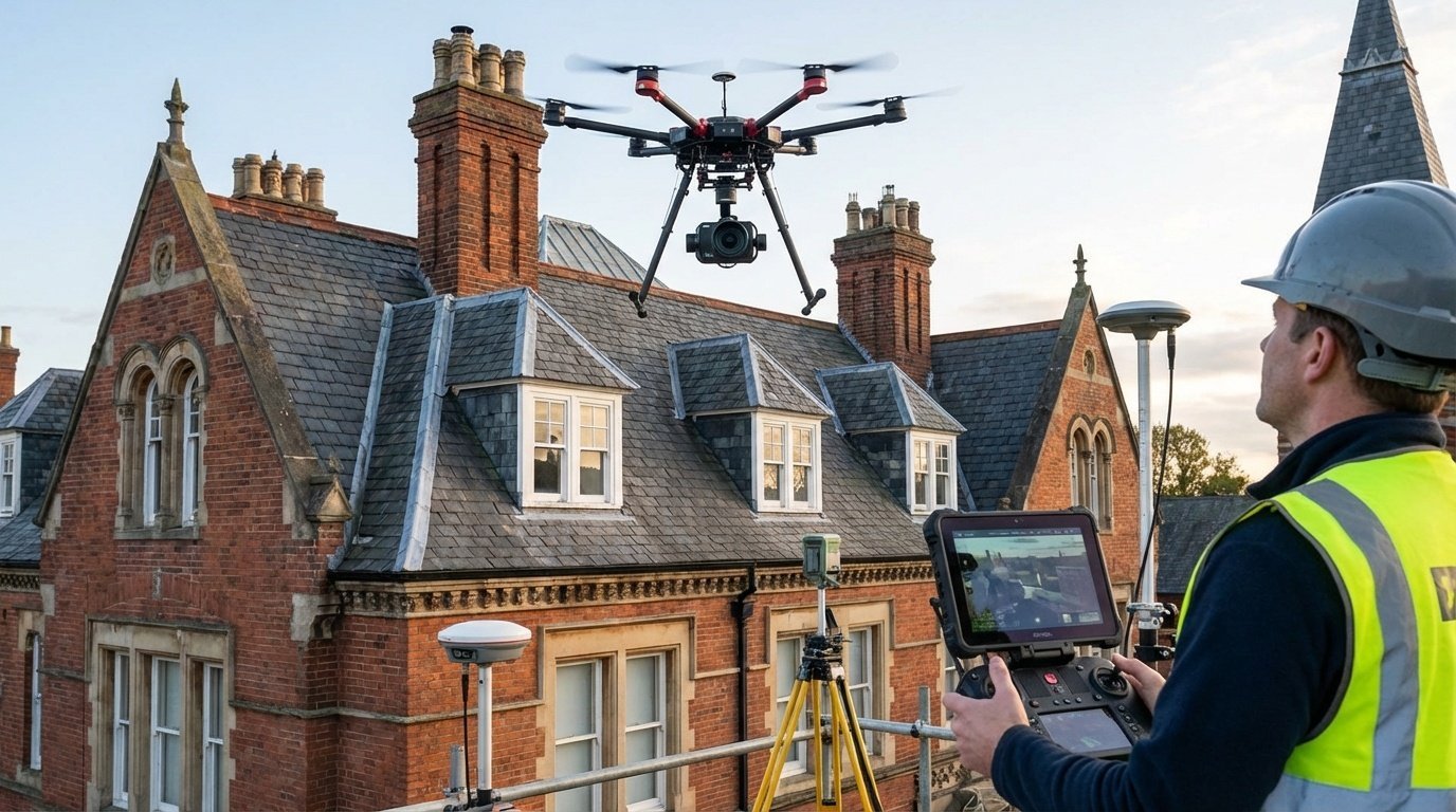 Professional drone conducting building survey