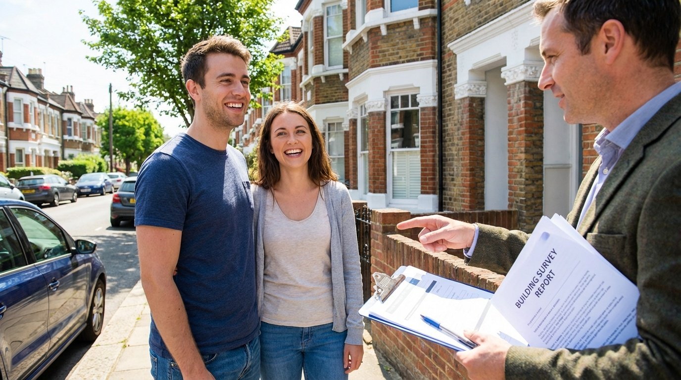 First-time buyers reviewing property survey with professional surveyor