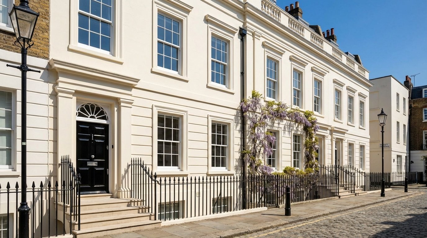 Beautiful Georgian townhouse facade with cream painted exterior