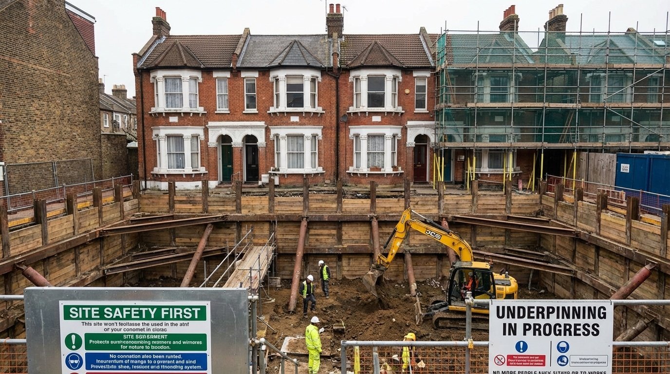 Basement excavation construction site in London
