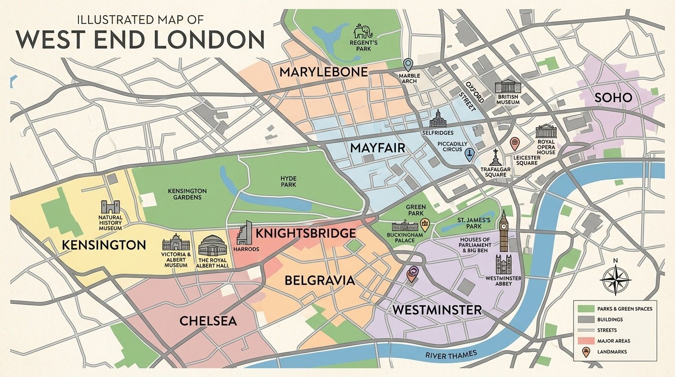 Map showing West End Surveyors coverage across Central London and West London